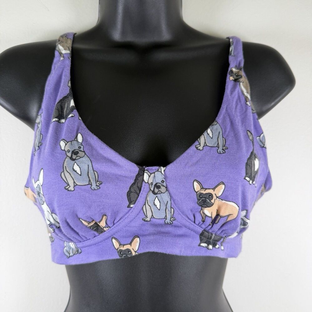 MeUndies French Bulldog Bralette Purple Wireless Back Closure Sz Medium Frenchie